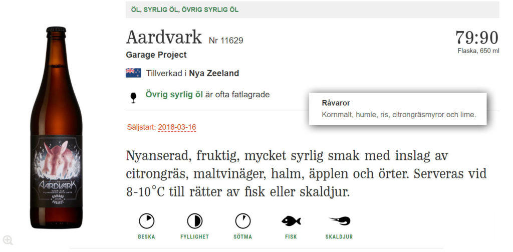 Här en skärmdumpå från Systembolagets sajt igår 15 mars. Ingredienslistan inklistrad från längre ner i skärmdumpen.