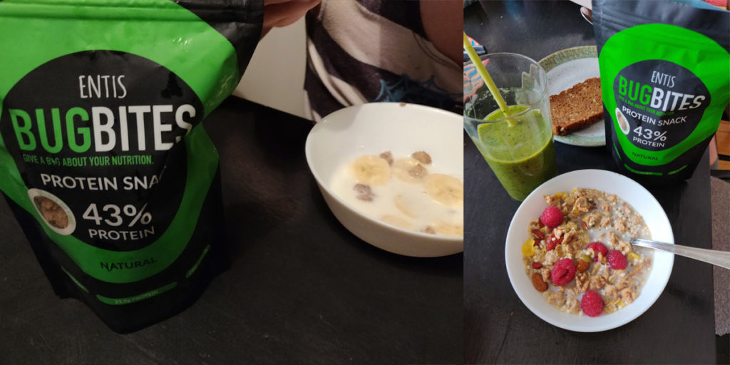 My daughter really enjoyed Bugbites with milk and bananas. On the right my breakfast bowl and smoothie.