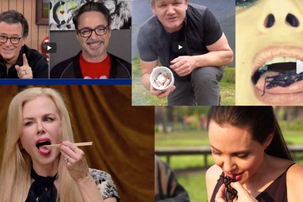 Celebs eating insects - screenshots from films on Youtube, Twitter and Instagram